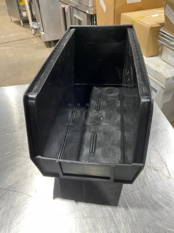 Uline Commercial Black Stackable Utility Bin, Model S-14454, for organizing utensils or condiments. Features durable plastic.