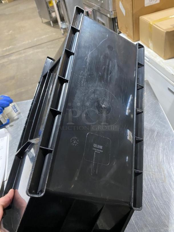 Uline S-14454 black countertop stackable organizing bin, commercial-grade, utility/utensil/condiment use, with visible branding.