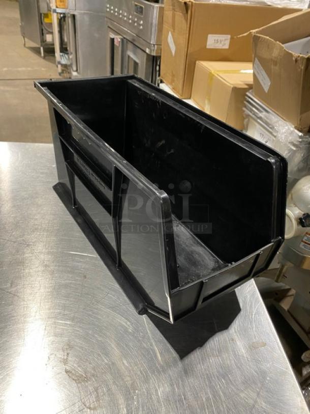 Uline Commercial Black Countertop Stackable Bin, Model S-14454, for utensils or condiments. Good condition, sturdy design.