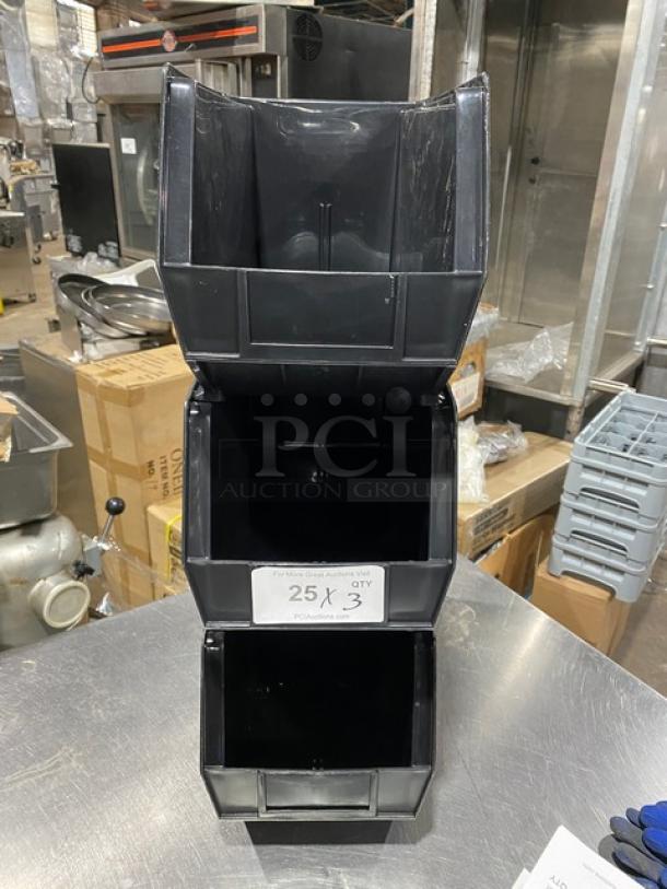 Uline S14454 black stackable organizing bin. Three compartments, durable plastic, excellent condition. Label: "25 x 3 QTY".