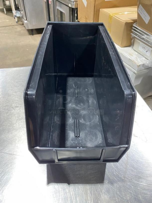 Uline S-14454 black stackable organizing bin, commercial use, excellent condition, for utensils or condiments.