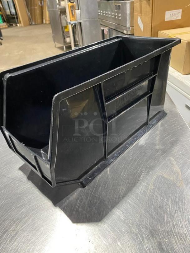 Uline black countertop stackable utility bin, model S-14454. Features durable plastic, visible Uline label. Suitable for organizing utensils or condiments.