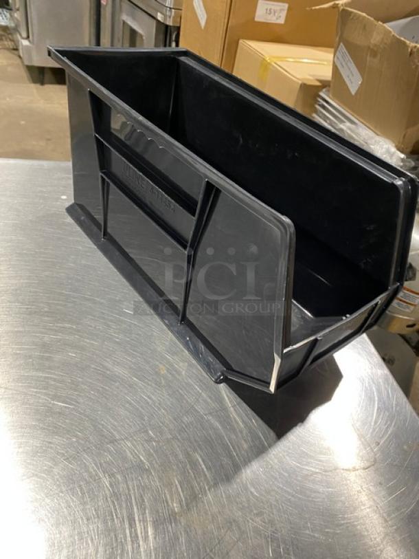 Uline black countertop stackable organizing bin, model S-14454. Durable plastic, ideal for utensils or condiments.