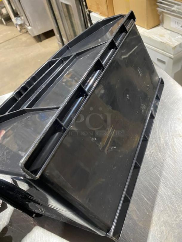 Uline Commercial Black Stackable Bin, Model S-14454. Condition: Good. Used for organizing utility, utensils, or condiments.