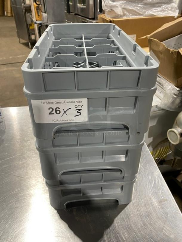 Cambro gray half-size 10 compartment dishwashing rack, model HBR258, in good condition. Stack of 3 racks shown.