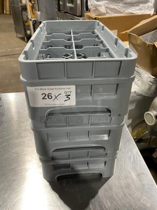 Cambro gray half-size 10 compartment dishwashing rack, model HBR258, in good condition. Stack of 3 racks shown.