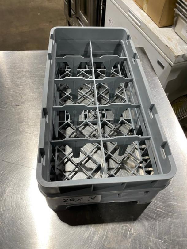 Cambro Commercial Gray Half Size 10 Compartment Dishwashing Rack, Model HBR258, in excellent condition, visible label.