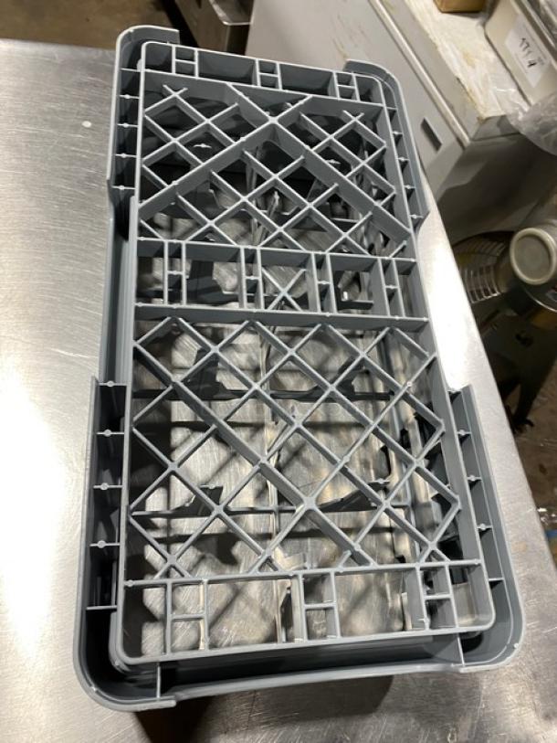 Cambro Commercial Gray Half Size 10 Compartment Dishwashing Rack, Model HBR258, in new condition, sturdy plastic construction.