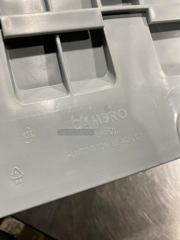 Cambro gray half-size dishwashing rack, model HBR258, features 10 compartments, marked with NSF certification.