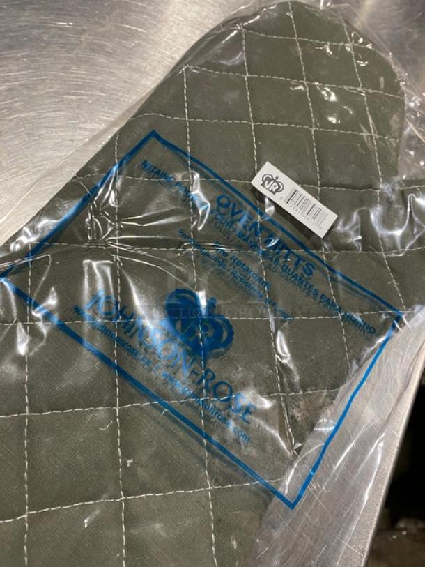 Johnson-Rose green fire-resistant oven mitts in packaging, quilted design, new condition, commercial grade.