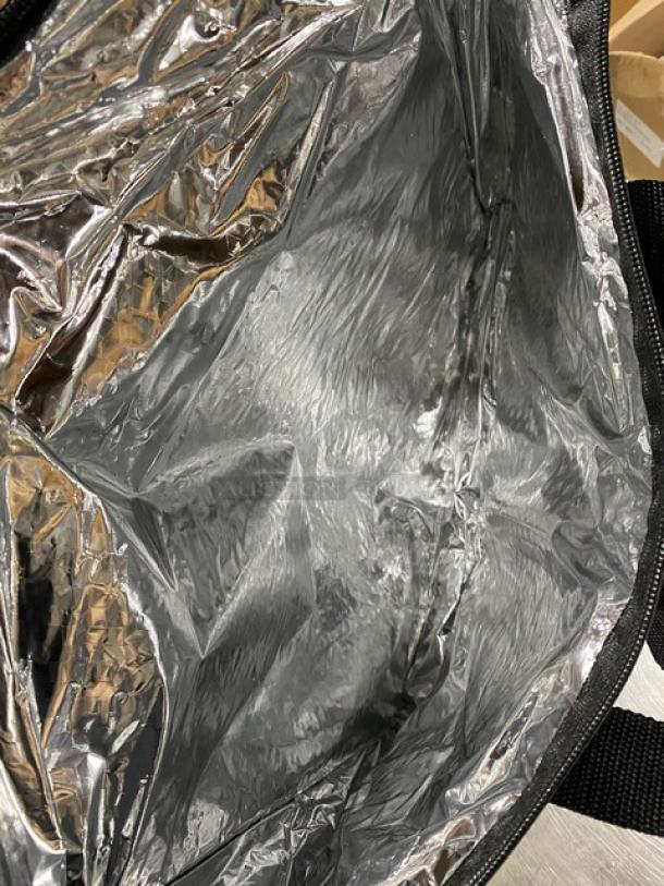 Green insulated fast food delivery carrier bag, brand new, with shiny interior lining for temperature control.