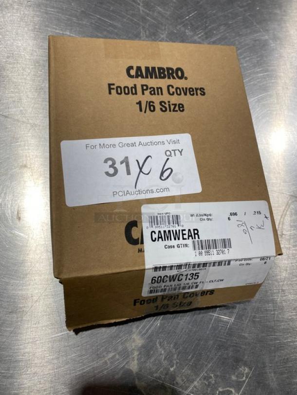 Cambro Camwear Series 1/6 Size Food Pan Covers, Clear Polycarbonate, Model 60CWC135, New in Box, 6x Your Bid.