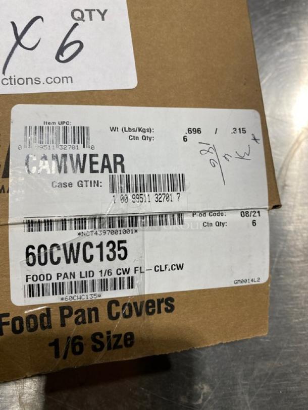 Cambro Camwear Series food pan covers, model 60CWC135, in new condition. Clear polycarbonate, 1/6 size, set of 6.