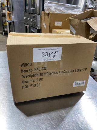 Winco HAC082, new 8"x2" anodized aluminum round cake pan, hard anodized, 6 pieces, model HAC-082, in original packaging.