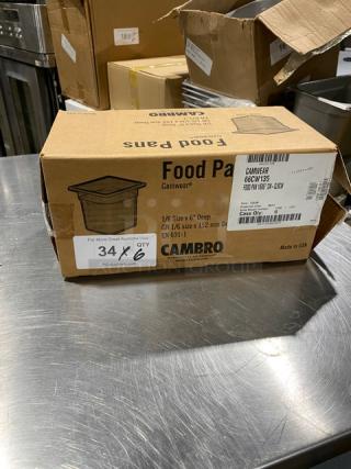 Cambro Camwear Series clear polycarbonate 1/6 size 6" deep food pan, new in box. Model: CW-CLRCW. Made in USA.