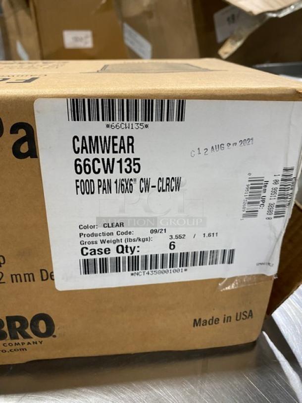 Box of Cambro Camwear Series Commercial Clear Polycarbonate 1/6 Size 6" Deep Food Pans, Model CW-CLRCW, Case of 6.