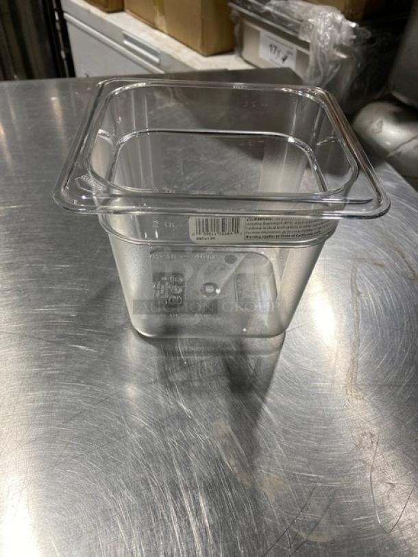 New Cambro Camwear Series clear polycarbonate food pan, 1/6 size, 6" deep, commercial grade, model CW-CLRCW.