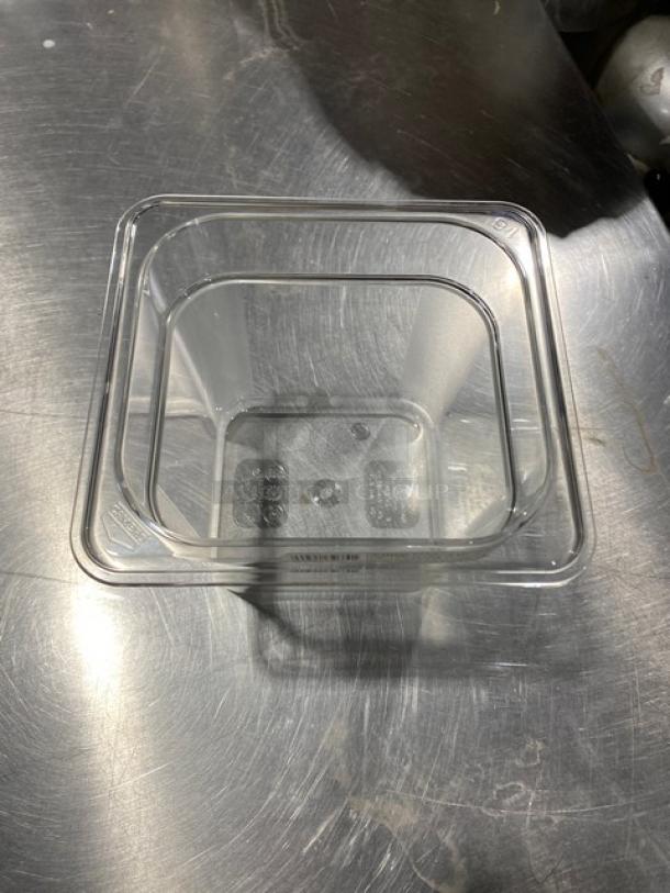 Clear Cambro Camwear commercial food pan, model CW-CLRCW, 1/6 size, 6" deep, in new condition. Polycarbonate material.