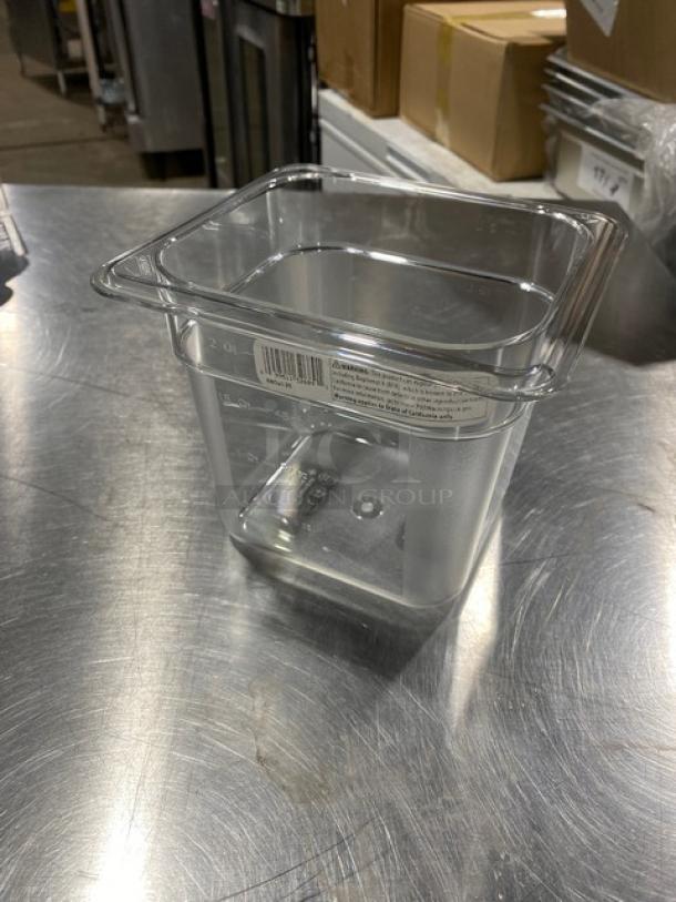 NEW Cambro Camwear Series clear polycarbonate 1/6 size, 6" deep food pan, Model CW-CLRCW, in mint condition.