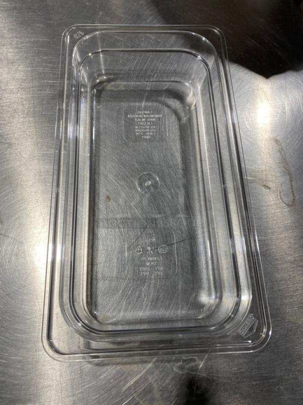 Cambro Camwear Series 1/3 Size 2" Deep Clear Polycarbonate Food Pan, Model 32CW135, new condition with visible capacity markings.