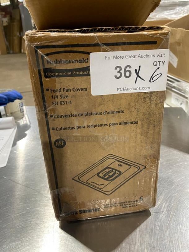 Rubbermaid Commercial 1/4 Size Food Pan Covers, Model G214P86AMBR. NSF-approved, new in box, set of six.