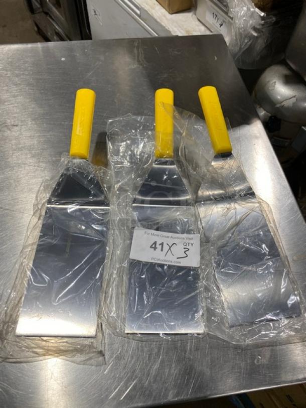 Dexter Russell Basic Series 8"x4" Hamburger Turner, Model P94859, stainless steel, yellow handle, new, set of 3.