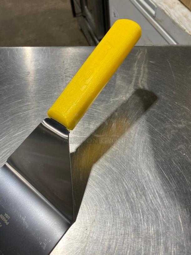 Dexter Russell P94859 hamburger turner, stainless steel, 8"x4", yellow grip handle, new condition.