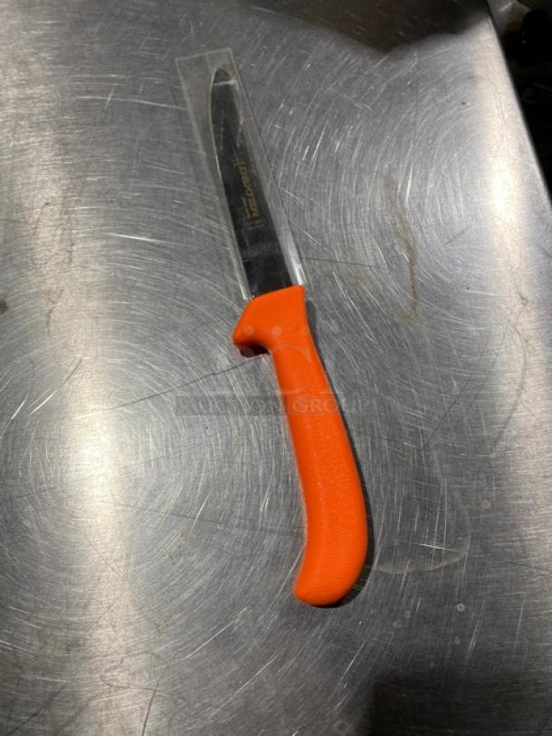 Dexter Russell Sani-Safe 6'' deboning knife, model EP136ST, new condition, orange grip handle, stainless steel blade.