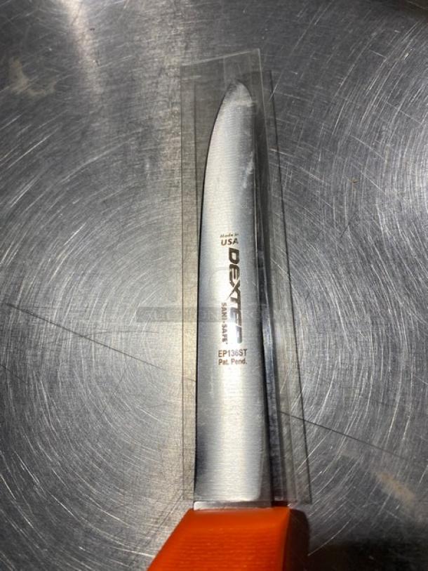 NEW Dexter Russell Sani-Safe 6" Deboning Knife, Model EP136ST, stainless steel blade, orange grip, USA-made, with packaging.