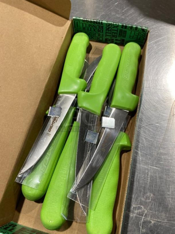 Dexter Russell Sani-Safe 5" boning knife set with lime-green grip handles, Model S1315, new condition in box.