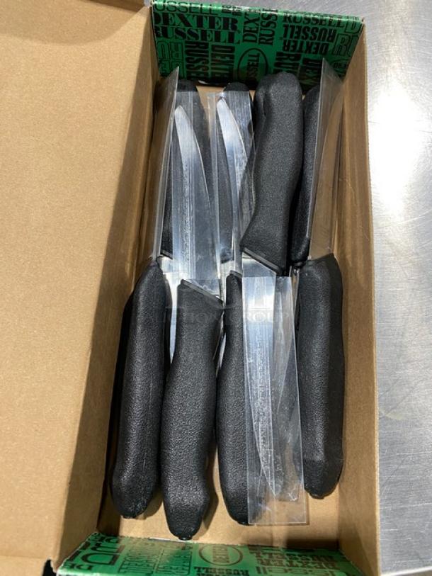 Dexter Russell Prodex Series boning knives, model PDSH1316ST, with black grip handles in original box. Includes 9 knives.