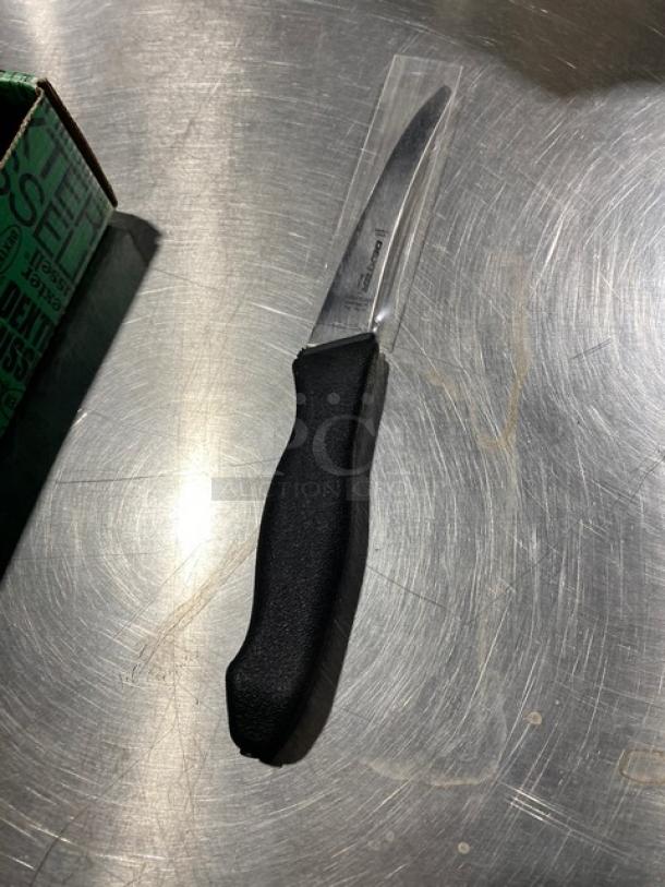 Dexter Russell Prodex boning knife, model PDSH131-6ST, with stainless steel blade and black grip handle, new condition.