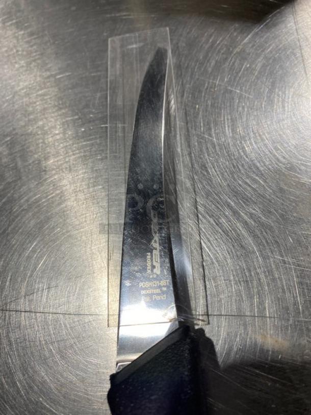 Dexter Russell Prodex Series stainless steel boning knife, model PDSH1316ST, with black grip handle, new condition.