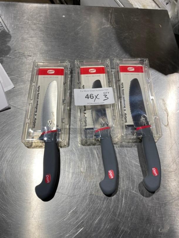Don Dexsteel 6" scalloped utility knife, model 1141930. New in package. Stainless steel blade, ergonomic handle. Set of 3.