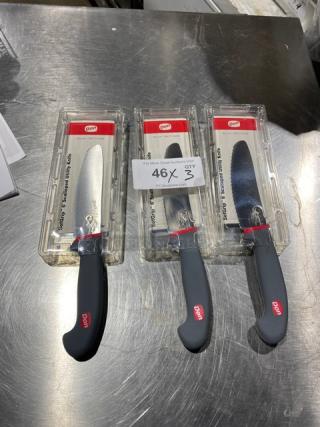 Don Dexsteel 6" scalloped utility knife, model 1141930. New in package. Stainless steel blade, ergonomic handle. Set of 3.