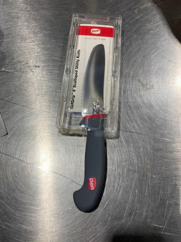 Don Dexsteel 6" scalloped utility knife, model 1141930, in packaging. Stainless steel, new condition.