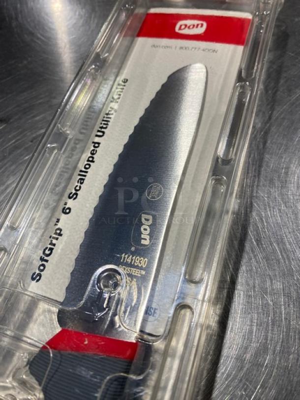 Don Dexsteel Series 6" Scalloped Utility Knife, Model 1141930, in packaging. Stainless steel blade, new condition.