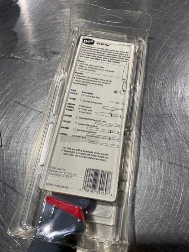 New Don Dexsteel Series 6" Scalloped Utility Knife in packaging. Model: 1141930. Stainless steel, commercial-grade.