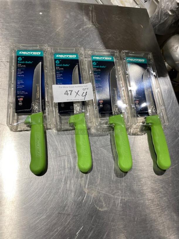Dexter Russell Sani-Safe 6" boning knives, model S136, in packaging with green grip handles. New condition. Pack of four.