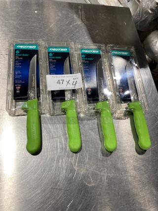 Dexter Russell Sani-Safe 6" boning knives, model S136, in packaging with green grip handles. New condition. Pack of four.