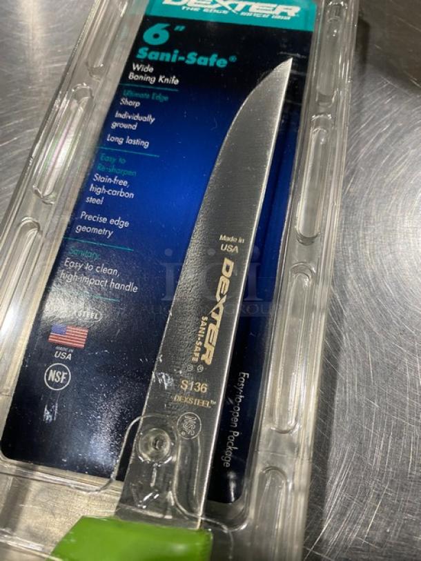 Dexter Russell Sani-Safe Series 6" boning knife, model S136, features stainless steel blade and green grip handle, new in package.