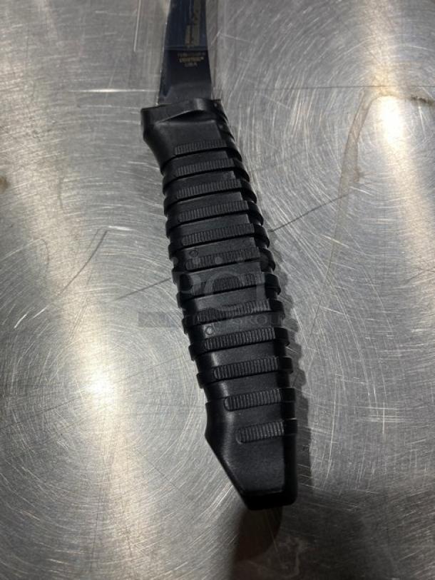 NEW Dexter Russell Prodex Series 6" Boning Knife, Model PDBH131SF6, with black grip handle, shown on metal surface.