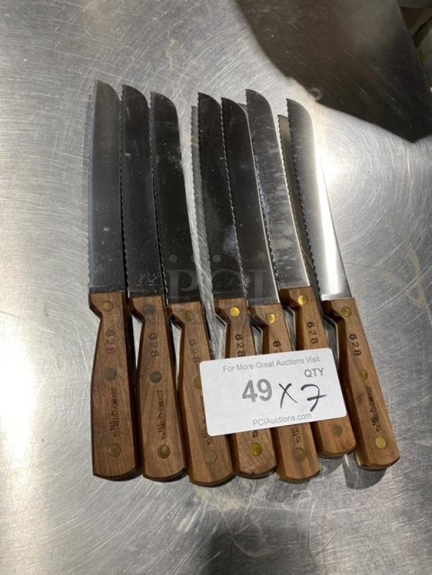 Dexter Russell 8" Bread Knife, Model 628, stainless steel blade, wooden grip, new condition, set of 7 knives.