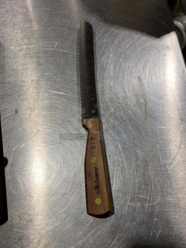 NEW Dexter Russell 8" bread knife, stainless steel blade, model 628, wooden grip handle, commercial grade.