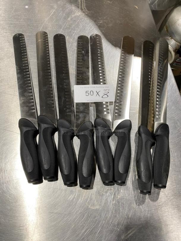 NEW Dexter Russell DuoGlide stainless steel slicing knives, black grip handles, set of 8, ideal for commercial use.