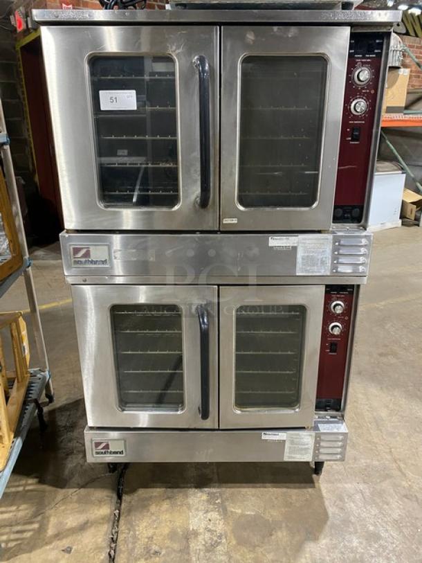 Southbend GS25SC double-stacked stainless steel convection oven, natural gas, with wired rack, on legs, model SN: 99C59855T.