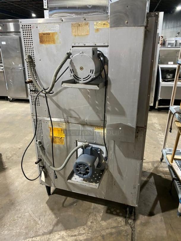 Southbend GS25SC stainless steel double convection oven, natural gas powered, wired rack, on legs, serial 99C59855T/C9C59855B.