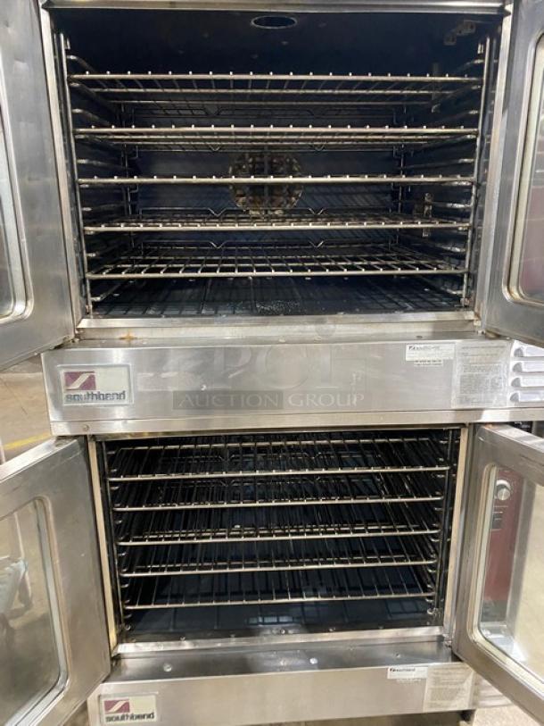 Southbend GS25SC commercial stainless steel double-stacked convection oven with wired rack, on legs, natural gas powered.