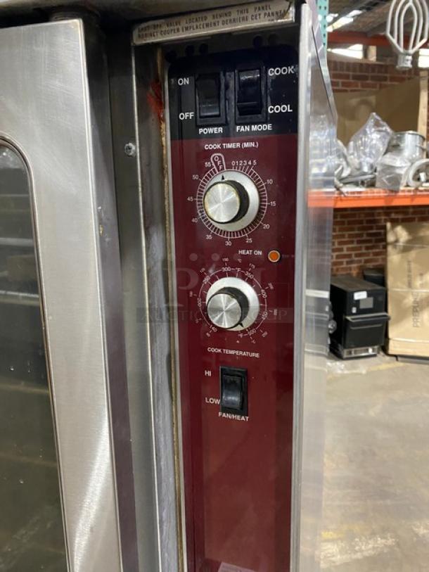 Southbend commercial stainless steel natural gas convection oven control panel, Model GS25SC, with power, timer, and temperature dials.