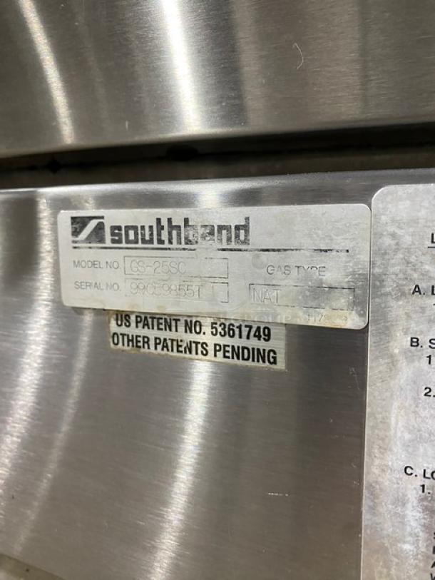Southbend GS25SC commercial stainless steel double-stacked convection oven, natural gas-powered, with wired oven rack, visible model and serial number plate.